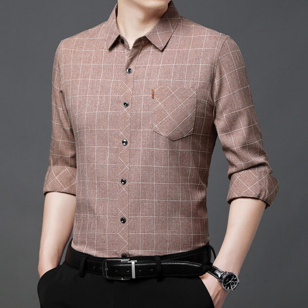 Linen-like Plaid Long-sleeved Shirt For Middle-aged Men - Image 8