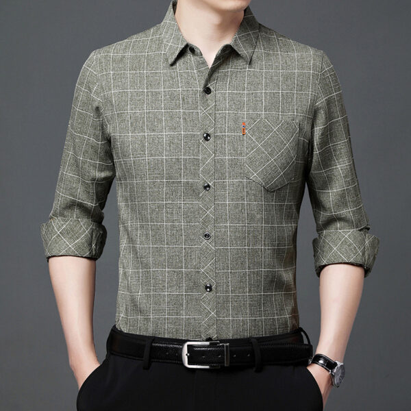 Linen-like Plaid Long-sleeved Shirt For Middle-aged Men - Image 2