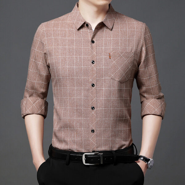 Linen-like Plaid Long-sleeved Shirt For Middle-aged Men - Image 3