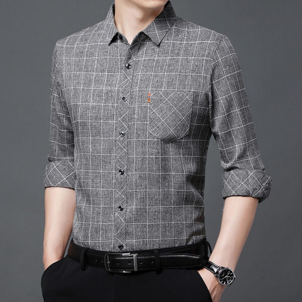 Linen-like Plaid Long-sleeved Shirt For Middle-aged Men - Image 5