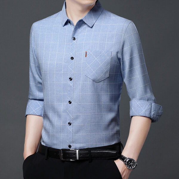 Linen-like Plaid Long-sleeved Shirt For Middle-aged Men - Image 9