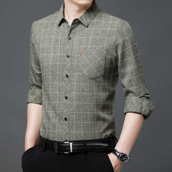 Linen-like Plaid Long-sleeved Shirt For Middle-aged Men - Image 7