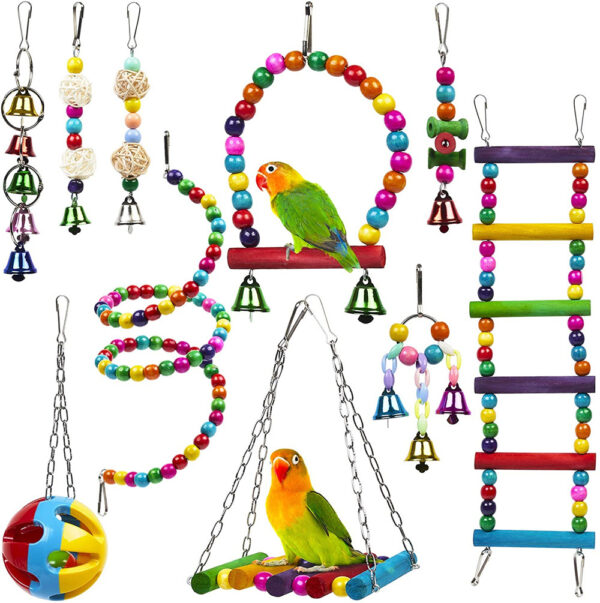 Parrot Combination Toy 10-Piece Set Wooden Bead Rotating Ladder Swing Stand Wooden Ladder Sepak Takraw Chewing Toy - Image 4